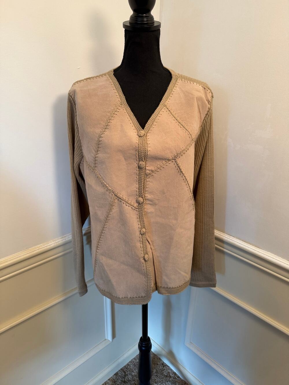 NWT VTG Selene Sport Cardigan Leather Patchwork Wool Blend Deadstock Mix Media